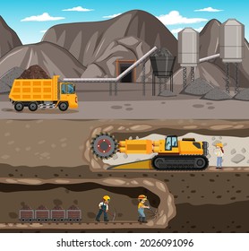 Landscape of coal mining with underground scene illustration