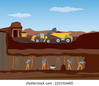 Landscape of coal mining with underground scene illustration.