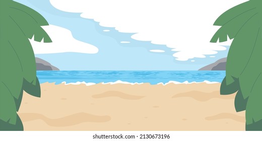 Landscape of the coast by the sea. Summer cartoon illustration of nature. Clean, pristine beach, a place of rest. Vector image of a tropical sea beach.