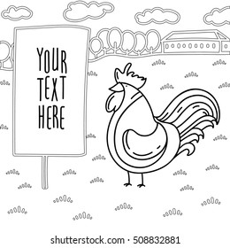 Landscape with a cock and a sign.
Cock on grass. Black  white contour image.