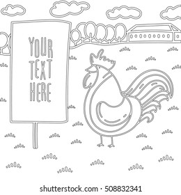 Landscape with a cock and a sign.
Rooster on grass. Black  white contour image.