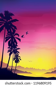 landscape with coconut palm trees at sunset background ,Silhouette vector background.