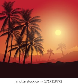 Landscape with coconut palm trees at sunset background ,Summer sale silhouette background.