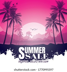 Landscape with coconut palm trees at sunset background ,Summer sale silhouette background.	
