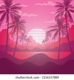 Landscape with coconut palm trees at sunset background ,Summer sale silhouette background.