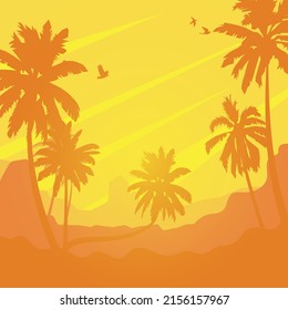 Paisaje con palmeras de coco al fondo de la puesta de sol, fondo de silueta de venta de verano.