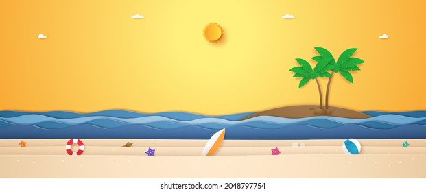 Paisaje de cocoteros en la isla, mar ondulado y cosas de verano en la playa con sol brillante en el cielo soleado para el verano Tiempo en el estilo de arte del papel