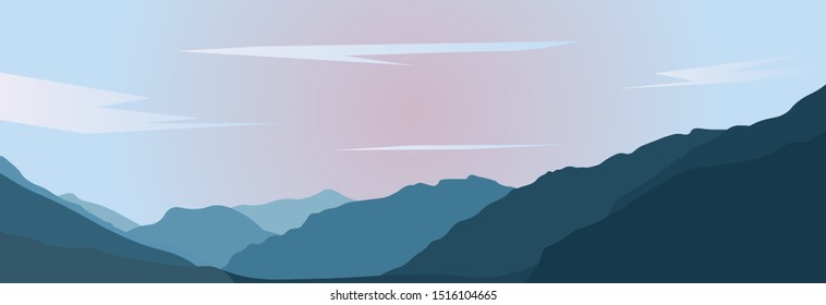 Landscape of cold mountain landscape with light sunset and clouds, vector image of mountains