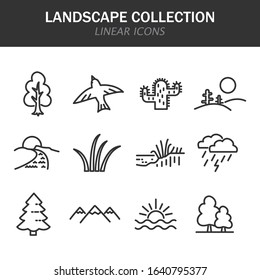 Landscape collection linear icons in black on a white background