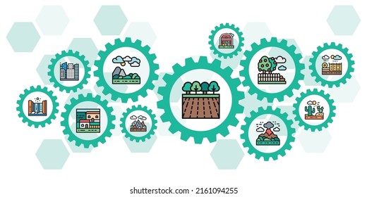 Landscape colored icons vector banner. Bridge, Forest, Garden, Volcano, Windmill web header banner illustration.