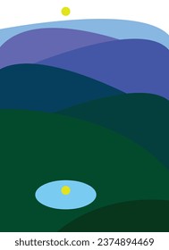 Lago paisajístico en la ilustración vectorial de las montañas.
