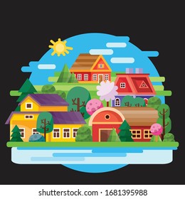 landscape of colored little houses on a background of blue sky on a black background, for games, vector illustration, eps