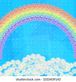 Landscape, Colorful Flowers Rainbow on Blue Sky. Vector