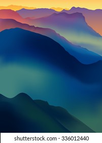 Landscape with colorful mountains at sunset or dawn. Vector panorama of daybreak.