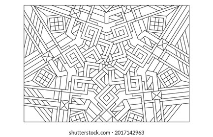 Landscape coloring pages for adults. Coloring-#227 Coloring Page of heptagonal mandala with variations in stripes and squares pattern on the background. EPS8 file.