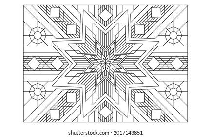 Landscape coloring pages for adults. Coloring-#231 Coloring Page of octagonal mandala with variations in stripes and squares pattern on the background. EPS8 file.