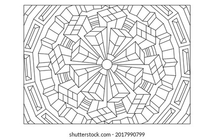 Landscape coloring pages for adults. Coloring-#236 Coloring Page of octagonal 3D mandala pattern. Extended version. EPS8 file.