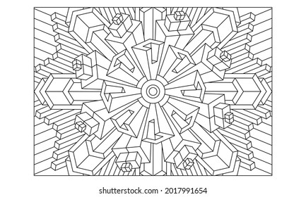 Landscape coloring pages for adults. Coloring-#237 Coloring Page of octagonal 3D mandala pattern. Extended version. EPS8 file.