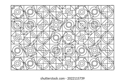 Landscape coloring pages for adults. Coloring-243. Geometric abstract pattern. Composition of square tiles triangles and circles. EPS8 file.