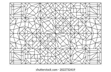 Landscape coloring pages for adults. Coloring-#248. Geometric abstract pattern. Composition of square tiles and triangles with higher complexity. EPS8 file.