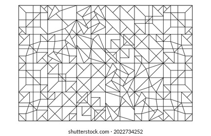 Landscape coloring pages for adults. Coloring-#249. Geometric abstract pattern. Composition of smaller square tiles and triangles with higher complexity. EPS8 file.