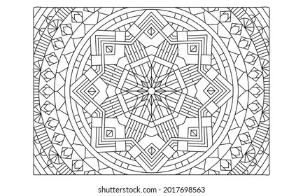 Landscape coloring pages for adults. Coloring-#333. Coloring Page of octagonal mandala extended with tribal pattern on the background. EPS8 file.