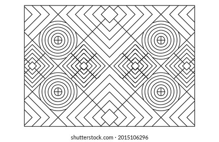 Landscape coloring pages for adults.Coloring Page of abstract diamonds repeats with 2 different sizes composition that intersect on an angle with variation add of circles. EPS8 file.