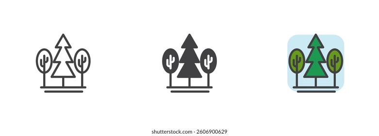 Landscape with a combination of evergreen and deciduous trees different style icon set. Line, glyph and filled outline colorful version, outline and filled vector sign. Symbol, logo illustration