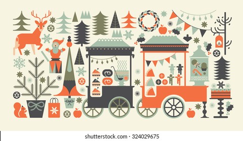 Landscape Composition With Christmas Market, Street Food Carts, Festive Food And Holiday Symbols.
