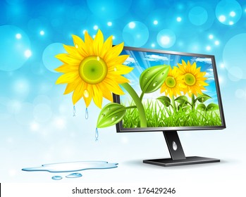 Landscape concept with monitor. Vector illustration.
