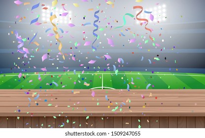 landscape of confetti on the wooden table in the football field