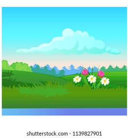 Landscape with coniferous forest on the horizon and flowering meadow. Vector cartoon close-up illustration.