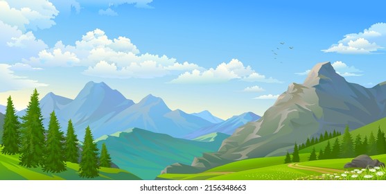 A landscape consisting of a range of large mountains overlooking the vast meadows.