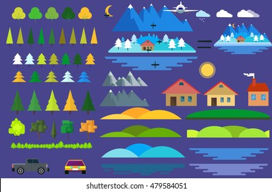 Landscape construction icons set. Buildings houses, trees and architecture signs for map, game, texture, mountains, river, sun.Tree vector,road elements,city elements