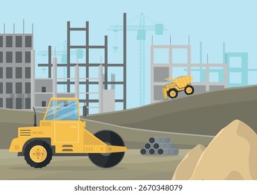 Landschaft der Baustelle mit Maschinen, Kränen und Sand. Wohnanlage.