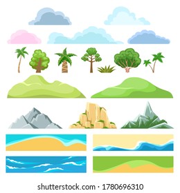 Landscape constructor. Cartoon flat creation kit from trees and bushes, mountains and hills, clouds and coast, sand and grass, vector illustration elements of travelling on nature