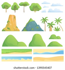 Landscape constructor. Creation kit with trees bushes mountains hills clouds coast sand and grass vector cartoon collection