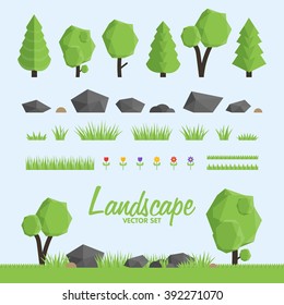 Conjunto de iconos de constructor de paisajes. Árboles, piedras y elementos de césped para el diseño. Ilustración vectorial de polos bajos. Kit de creador. Cineasta de escenas