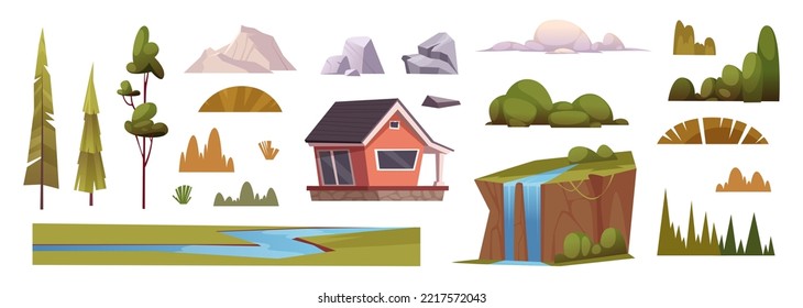 Landscape Constructor. Nature Natural Botanical Elements Mountains Rocks Trees Sand Grass Plants Exact Vector Cartoon Creation Kit