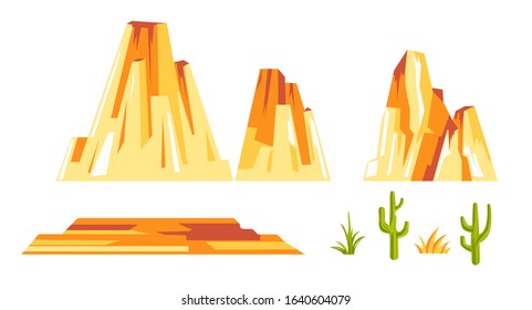 Landscape Constructor Set With Arches National Park, Utah Stone Columns. Rock Formations, Sandstone Mountainous Landforms, Cactus Plants Collection For Landscaping Design. Graphic Vector Illustration.