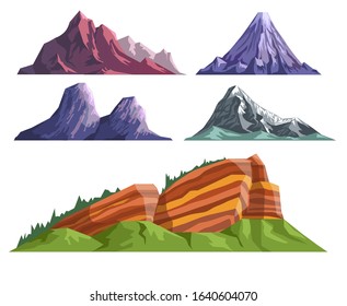 Landscape constructor set with mountains of different shapes, colors. High snowy peaks, rocky landforms, sleeping volcano or steep cliff. Collection for nature landscaping design. Vector illustration.