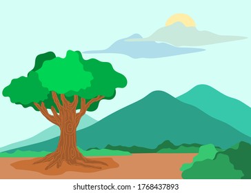 a landscape contains of tree,bush,mountains,clouds and suns in vector illustration 