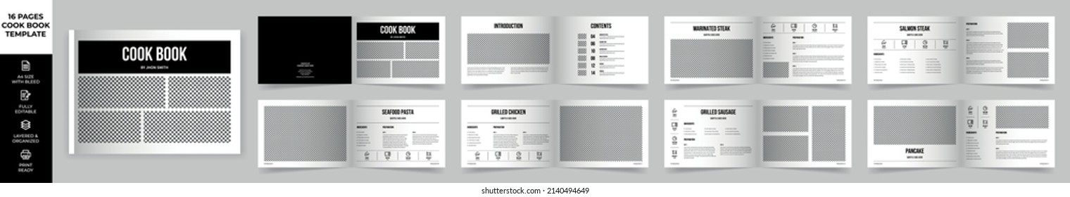 Landscape Cookbook Layout Template with Black Accents, Simple style and modern design, Recipe Book Layout