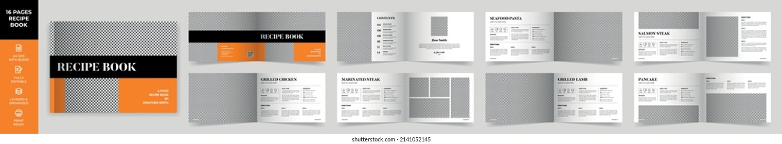 Landscape Cookbook Layout Template with Black and Orange Accents, Simple style and modern design, Recipe Book Layout