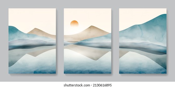 Landscape Cool Blue Background With Mountains And Hills On The Sea Or Lake. Set Of Art Posters For Decoration, Wallpaper, Design