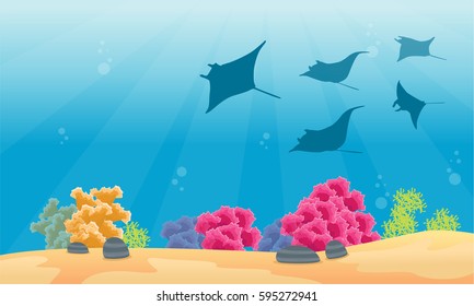 Landscape coral reef with stingray silhouettes