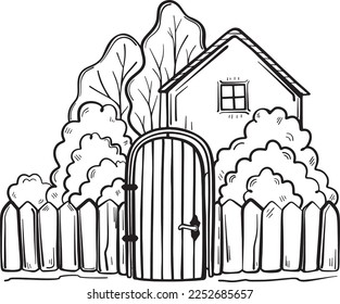 Landscape with country house. Village House in the woods with a fence. Outline house, architecture. Vector lineart illustration for coloring book