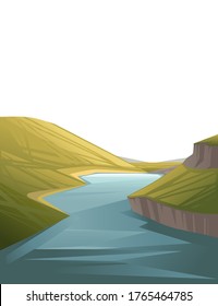 Landscape of countryside big river between the hills with green grass cartoon design flat vector illustration on white background vertical design