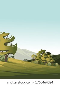 Landscape of countryside with green grass and trees cartoon design flat vector illustration with clear sky and mountain on background vertical design