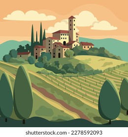 Landscape in countryside Italy with houses, fields, and trees in the background. Vector illustration. Flat design poster. European summer village.